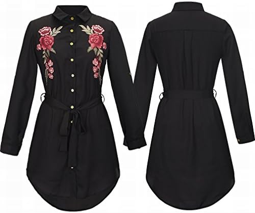 Long-Sleeved Chiffon Shirt Embroidery Flowers in the Long Section of the Big Size of the Coat Summer and Autumn,    Black,XL