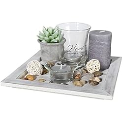 OOTB Plato de Madera Home, con 2 portavelitas, 2 Velas & Piedras Decorativas, 20x20cm