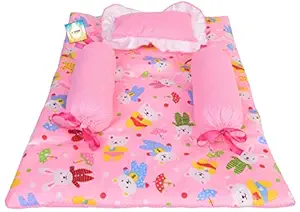 Bantoo New Born Baby Bedding Gaddi Set with Neck Pillow & Side Bolster Cotton Printed Sleeping Mattresses Set for Baby Boy's & Baby Girl's (0 to 6 Months, Pink)