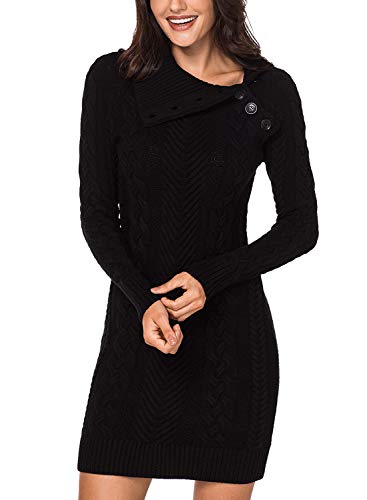 Aleumdr Automne-Hiver Robe Pull Asymétrique Côtelé Tricoté Slim Pull-Over Sweats à Col Revers Manche Longue Bouton Fine Maille Robe Mi-Longue Chandail Pull Moulant Epais Vintage Chaud Chic S-XL
