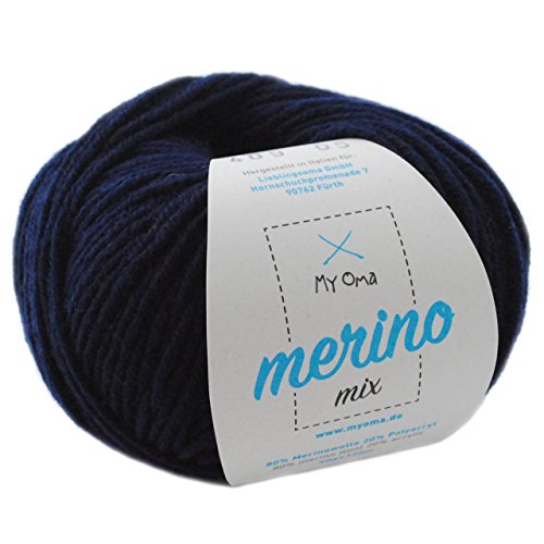 Wolle Merino * 1 Knäuel Merino Wolle marine (Fb 409) * dunkel blaue Merinowolle kaufen - Mischwolle stricken + GRATIS MyOma Label - 50g/120m - MyOma Wolle - weiche Wolle – Mischgarn