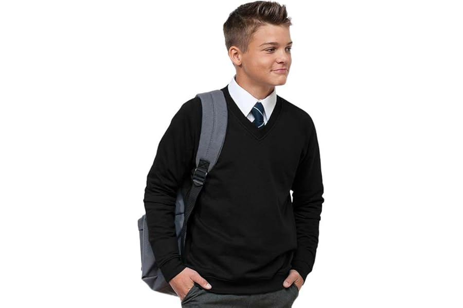 Ages 3-16 Boys Girls Unisex School Sweater V Neck Fleece Sweatshirt Uniform Black Navy