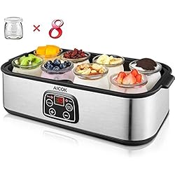 Yaourtière avec Thermostat Réglable et Minuteur 180ml x 8 Pots avec LCD Affichage Aicok Machine à Yaourt Arrêt Automatique, Préparer de Yaourt Maison et Fromage, Argent