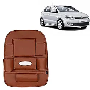 RD Universal PU Leather Car Auto Seat Back Organizer Multi Pocket Travel Storage Bag with Hangers, Tissue Paper and Bottle Holder-Tan Colour Compatible for Volkswagen Polo