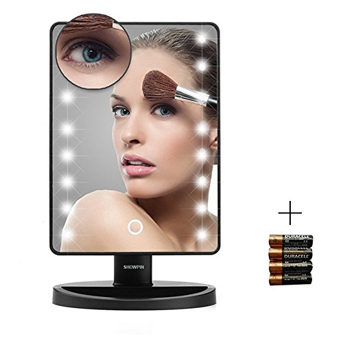 Showpin Make-up-Spiegel mit LED Beleuchtung Touch Schalter Kosmetikspiegel, Beleuchteter Schminkspiegel mit 10 x Vergrößerungsspiegel, Ultra-High Falterbar Definition Standspiegel, 180 Grad Freie Rotation Tischspiegel,Schwarz