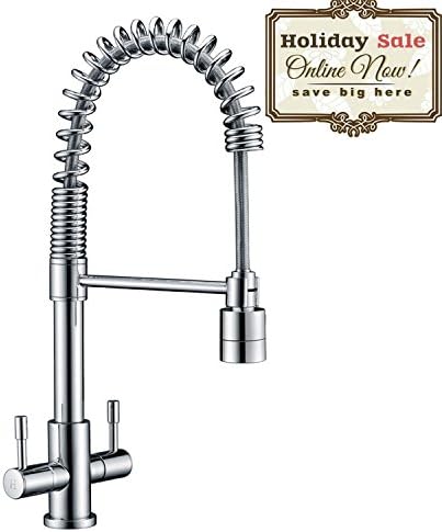 Refin Mono Spring Kitchen Sink Taps Mixer, Solid Brass Double Lever Pull Down Spout Kitchen Mixer Taps Chrome