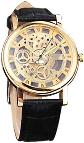 Skeleton Watch Mens Vintage Mechanical Watch Steampunk influenced Zinc Alloy with PU Leather Band Wristwatch (Gold Dial+Black Band)