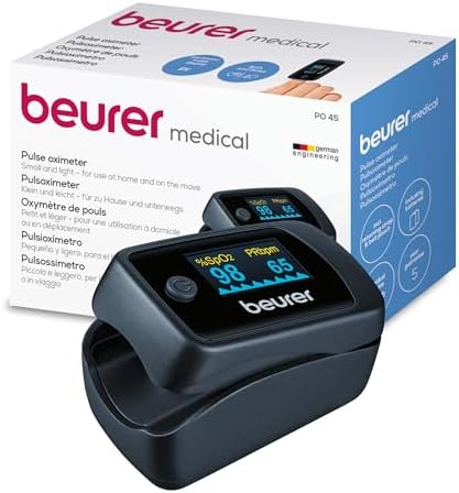 Beurer PO 45 Saturimetro da dito Professionale Certificato, Monitoraggio della Saturazione di Ossigeno, Frequenza Cardiaca, Indice di Perfusione, Pulsossimetro con Spegnimento Automatico