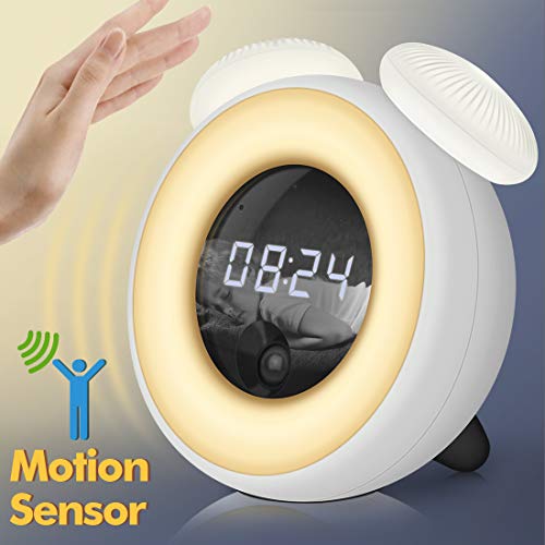 Despertador Alarma con Luz LED, Reloj Digital Wake Up Light Despertador Infantil con Función de Snooze, Control Táctil, Reconocimiento Corporal, Brillo Ajustable (Blanco)