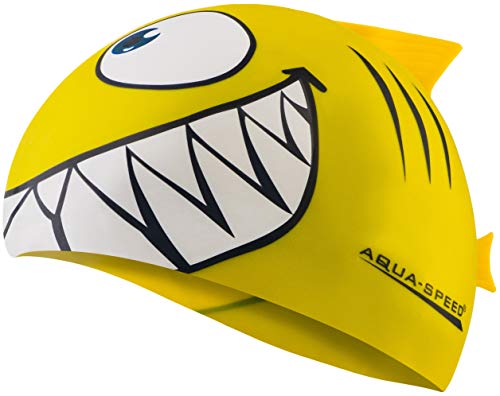 Aqua Speed - SHARK Niños Gorro de baño | Tiburón | 100% Silicona, Model:Shark/Amarillo 18