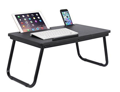 Sofia + Sam Knietablett mit Tablet & Handy Slots | Metall klappbaren Beinen | Runde Schreibtisch mit Kippen Top | Notebook Ständer | Frühstück Servieren Bett Tablett schwarz
