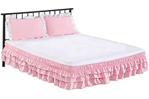 Feyart Girl's Princess Style Wrap Around Bed Skirt, 3-layer Dust Ruffle Decorative Bedding, 15 Inch Drop (Pink,King (150 x 200 + 38 cm))