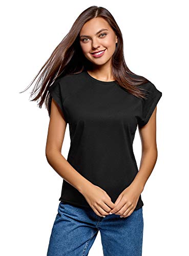 oodji Ultra Mujer Camiseta Básica de Algodón, Negro, ES 38 / S