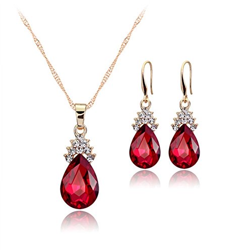 Topdo 1 Set of Fashion Women Jewellery Red Drop-shaped Crystal Pendant Necklace+Earrings Sets for Women Girl Gift