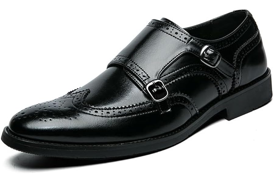 Kanggrei Men's Double Buckle Monk Strap PU Leather Wing Toe Oxford Loafers Elegant Casual Comfortable Formal Shoes