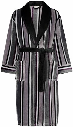 Walker Reid Mens 49" or 124cm Long Luxury 140GSM Soft Grey Striped Fleece Shawl Collared Belt Bath Robe Dressing Gown House Coat Size Large