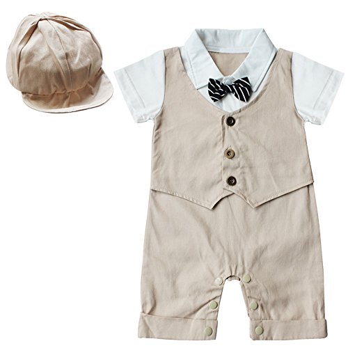 TiaoBug Baby Boys Gentleman Romper Jumpsuit Suit Hat Bowtie Communion Party Bodysuit Clothing 12-18 Months Khaki