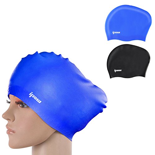 Ipow 2-Stück Hochwertige Silikon Badekappe Bademütze Badehaube für lange Haare gesund und warm Swim Cap (Schwarz + Blau) - 3