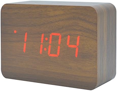 Wooden Clock LED Electronic Digital Time Temperature Date Alternate Display Desktop Home Bedroom Travel Alarm Clock with Sound Control Function (Brown Wood Red Light)