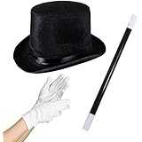 ADULT MAGICIAN FANCY DRESS SET 3 PC - TOP HAT + MAGIC WAND + WHITE GLOVES WIZARD CIRCUS ACCESSORY KIT BOOK WEEK