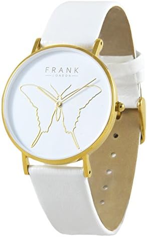 Frank London Ladies Yellow Gold Butterfly Quartz Watch with White Leather Strap and White Dial