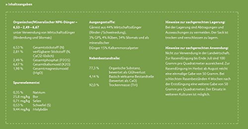 Dünnemann´s Biorasendünger – mit Langzeitwirkung – Universaldünger – 5 kg – 1PACK, für 50 m² – natürliche Humusbildung – TORFFREI – Rasendünger – Bio Rasendünger – Öko – Biodünger – Bioduenger – Rasenduenger – Dünger – Duenger – Rasenpflege – gesunder Rasen – Rasen düngen – Rasen Dünger – NPK – Bodenverbesserer – Boden Aktivator – NPK Dünger – NPK Duenger – Naturdünger – Naturduenger – Langzeitdünger – Langzeitduenger - 3
