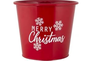 Fyne-Finds Metal Merry Christmas Red Plant Pot Pail 20cm, 8inch Planter Xmas Decor SnowFlakes Themed Pots (1)