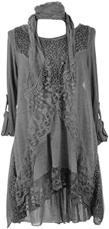 TEXTUREONLINE Texture Online Ladies Womens Italian Lagenlook Quirky Short 3 Piece Lace Knit Mohair Wool Long Sleeve Scarf Tunic Dress Curve One Size Plus UK 12-18 (One Size Plus, Dark Grey)