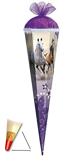 Preisvergleich Produktbild Schultüte - Wildpferde - 85 cm - mit Holzspitze / Tüllabschluß mit Glitzerborte - Zuckertüte Roth - Pferde Blumen Pferd Schimmel Araber Hengst