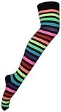 Ladies New Overknee Long Rainbow Multi Colour Stripe Print Womens Thigh High Striped Cotton Over Knee Socks One Size