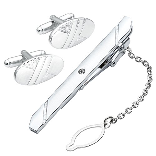 PiercingJ - Paire Boutons De Manchette + Epingle Pinces a Cravate avec Chaîne Strass Chemise Clip Tie Mariage 