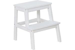 HOMION 2-Tier Wooden Step Stool Heavy Duty Ladder for Home Bamboo 2 Steps Sturdy Wood Step Sturdy Multipurpose Ladder for Adults & Kids Home Shop Bar Caravan Camper Van Camping Lightweight (White)