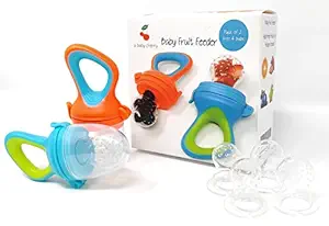 A Baby Cherry - Baby Fruit and Vegetable Feeder Pacifier || Fresh Food Nibbler || Soft Teether || Natural Organic BPA Free || Set of 2 with 6 Nipples (Multi Color)
