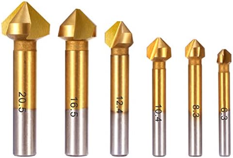YKEZHU 6pcs 90 Degree 3 Flute 6.3-20.5mm HSS Countersink Drill Bit Titanium Coated Chamfer Cutter End Mill Cutting Tool Set