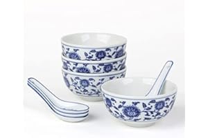 HOLST PORZELLAN Qing Hua Ci Lot de 4 bols à riz en porcelaine avec cuillères chinoises Bleu cobalt