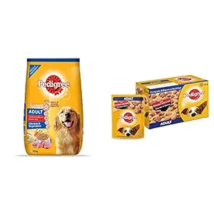 Pedigree Adult Dry Dog Food, Chicken & Vegetables, 10kg Pack & Pedigree Adult Wet Dog Food, Chicken & Liver Chunks in Gravy, 70 g (Pack of 15)