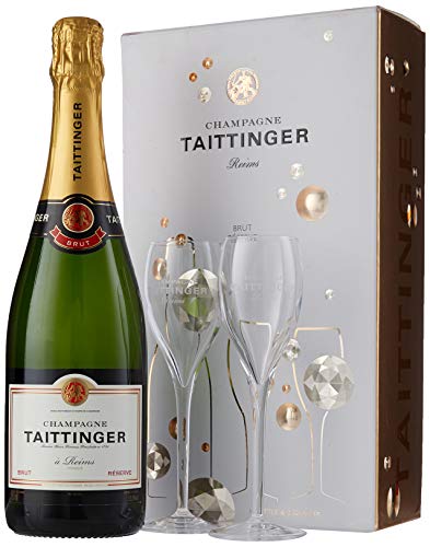 Taittinger Brut Reserve Non Vintage Champagne and Glasses Gift Set, 75 cl