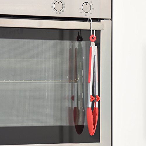 Edelstahl Küchenzange mit Standfuß in rot – 33cm – Silikon Grillzange lang – Mehrzweckzange mit Ring zum Aufhängen – Servierzange Edelstahl Grillzange – Universalzange Küche – Küchenzange Silikon zum Grillen, Kochen, Backen und Servieren - 6