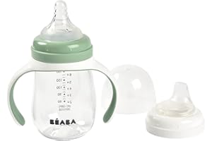 BÉABA, Biberon/Tasse d'apprentissage 2 en 1, Tasse Paille Enfant, 100% étanche, Anti-fuite, Facile à Ouvrir, Poignées amovibles, Tritan et Silicone, 210 ml, Vert sauge