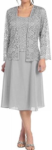 Stillluxury With Jacket Sleeves Mother Of The Bride Lace Chiffon Dress Knee Length Silver Size 18