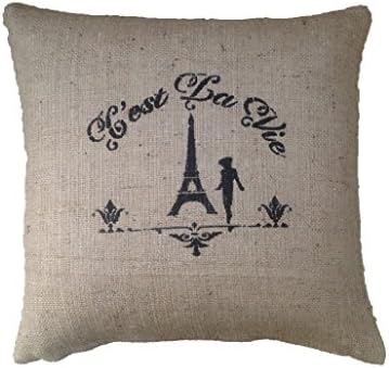 Cest La Vie Hand painted French shabby chic rustic hessian Burlap beige country style cushion cover (16"X16")