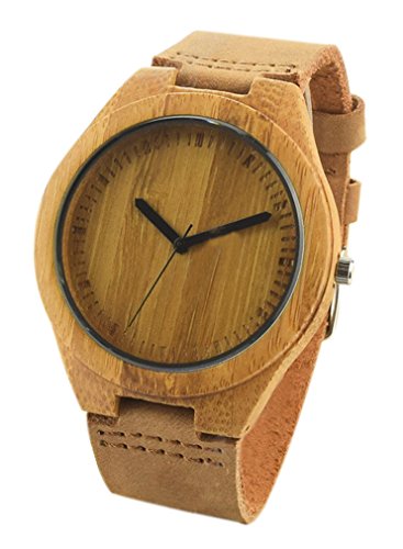 Eyekepper Bambus-Holz-Uhr mit echtem Braun-Kuh-Leder-Buegel-Quarz-Analog Laessige Holz Uhren