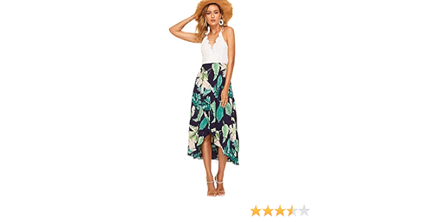 SheIn Abito lungo da donna con scollo a V e fiocco, in pizzo a contrasto -  Verde - XL : Amazon.it: Abbigliamento