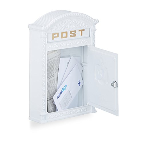 Relaxdays Briefkasten Antik, Englischer Wandbriefkasten, Aluguss, Briefschlitz für DIN A4, HBT: 44,5 x 31 x 9,5 cm, weiß - 2