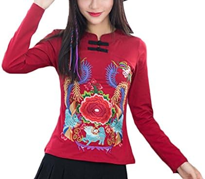 Aprilley Women's Embroidery T Shirts Chinese style Basic Cotton Plus Size Top -  Red - 