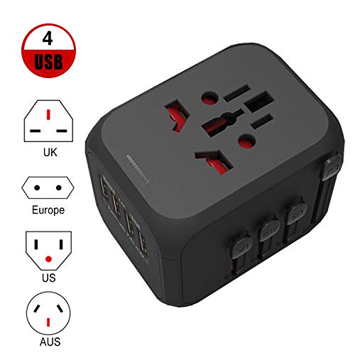 eeQiu Worldwide Travel Adapter, International Power Adapter 4 USB Ports Universal Travel Adapter Plug Adapter UK USA Moxico Canada EU AUS Asia China Thailand 150+ Countries