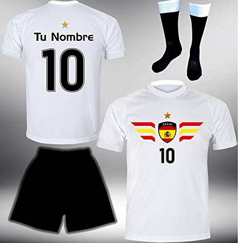ElevenSports Spanien Trikot Set 2018 mit Hose & Stutzen GRATIS Wunschname + Nummer im EM WM Weiss Typ #ES4ths – Geschenke für Kinder Erw. Jungen Baby Fußball T-Shirt Bedrucken Espana
