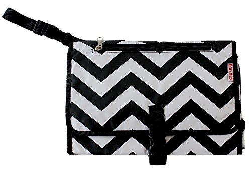 Boo Moi - Baby Changing Mat and Mini Bag - Nappy Changing Station - Travel Mat - Mini Bag. Black and White Chevron Design. Lightweight, Waterproof and Durable. Wipe Clean, Cushioned Changing Pad. Wide Padded Change Pad