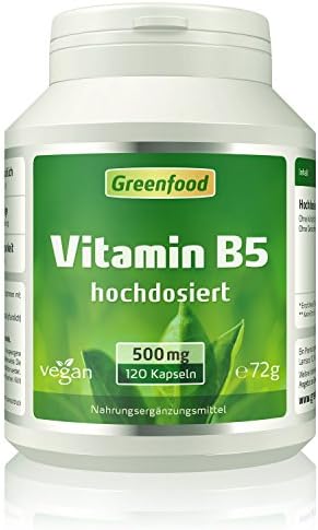 Vitamin B5 (pantothenic acid), 500 mg, highly dosed, 120 Vegi capsules - for nerves like steel and skin like silk. NO artificial additives. Non-GMO. Vegan.