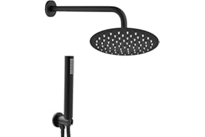 INBAGNO Set doccia completo nero opaco in acciaio inox, braccio 33 cm e soffione 25 cm, kit doccia con presa acqua, doccino e flessibile 150 cm